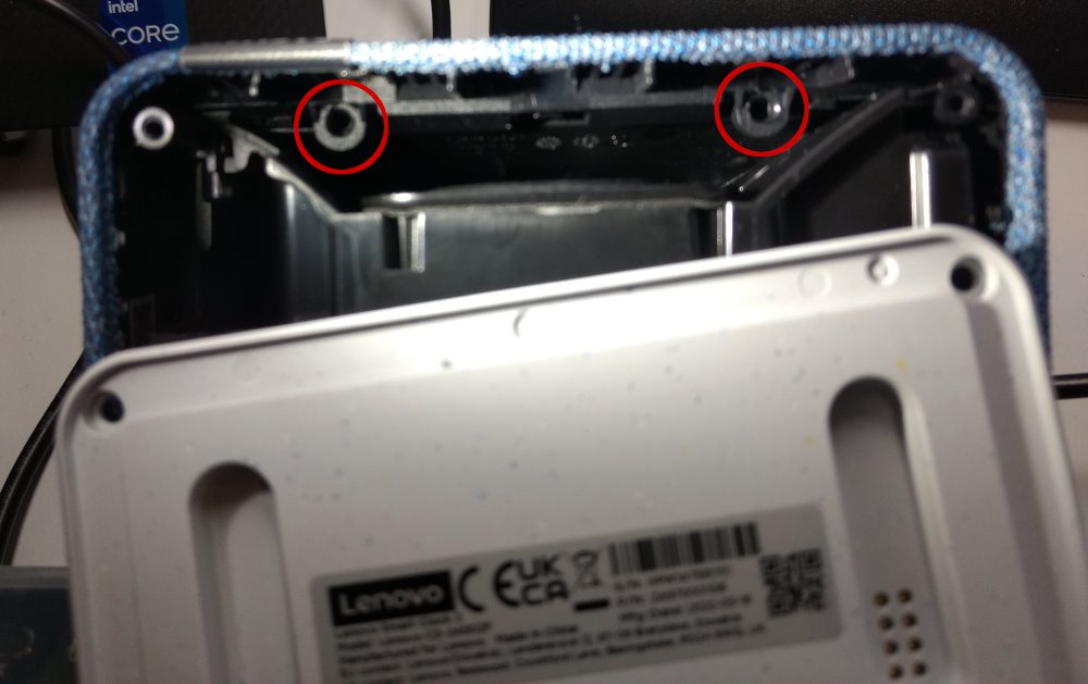 Bottom off, screen screws circled